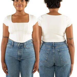 (NWOT) NLT Corset-Style Square-Neck Cap Sleeve Curved Hem Crop Top (White)